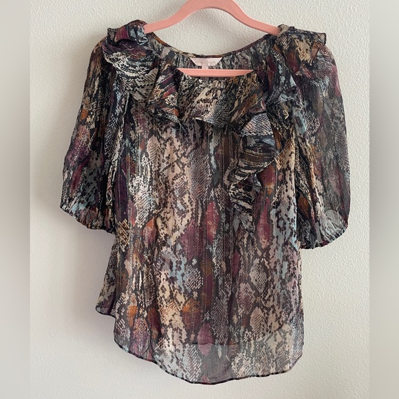 NWT Rebecca Taylor Watercolor Snake Print Elbow Sleeve Ruffle Hammered Silk Top - Picture 1 of 9